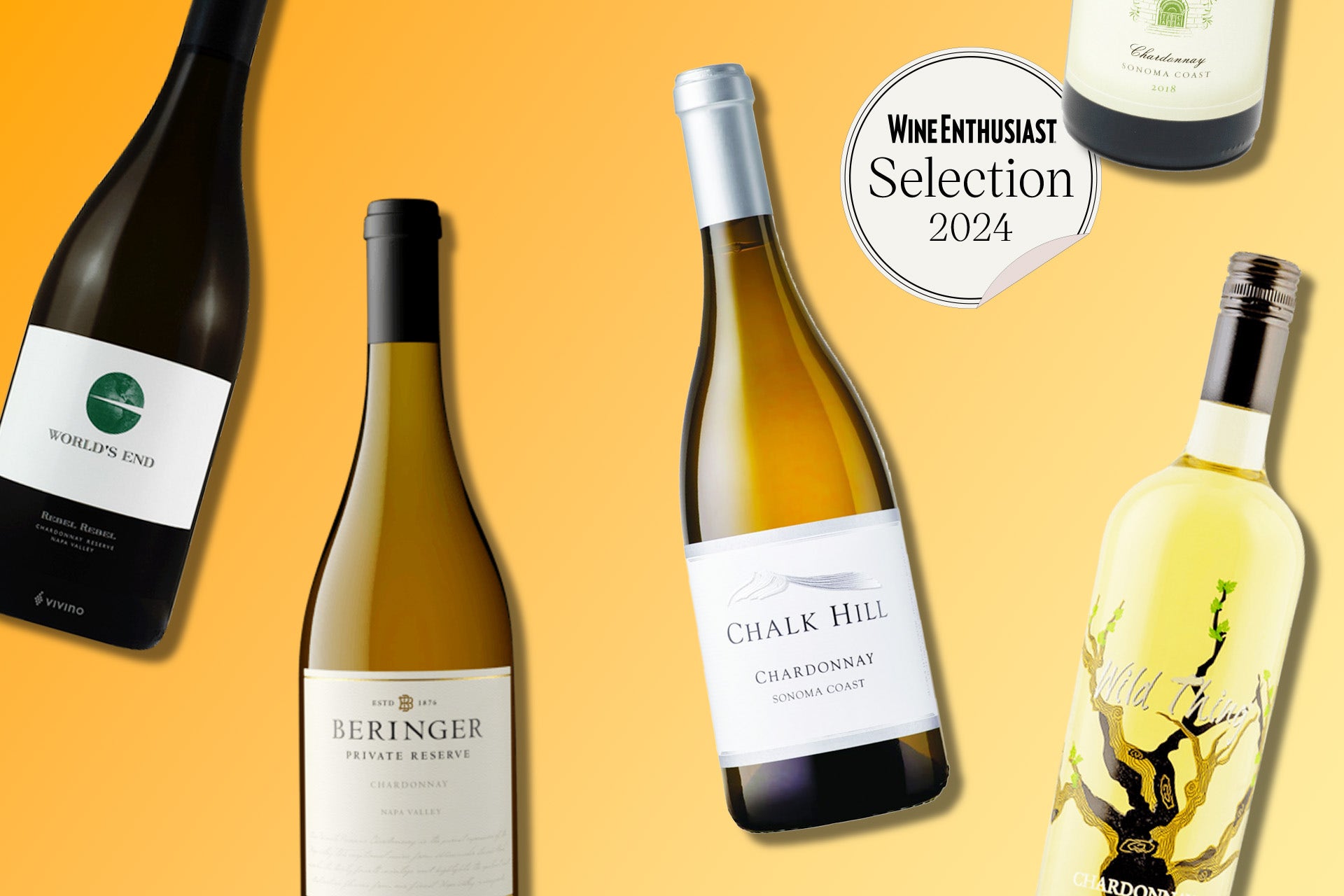 Bottles of Buttery Chardonnays on a designed background