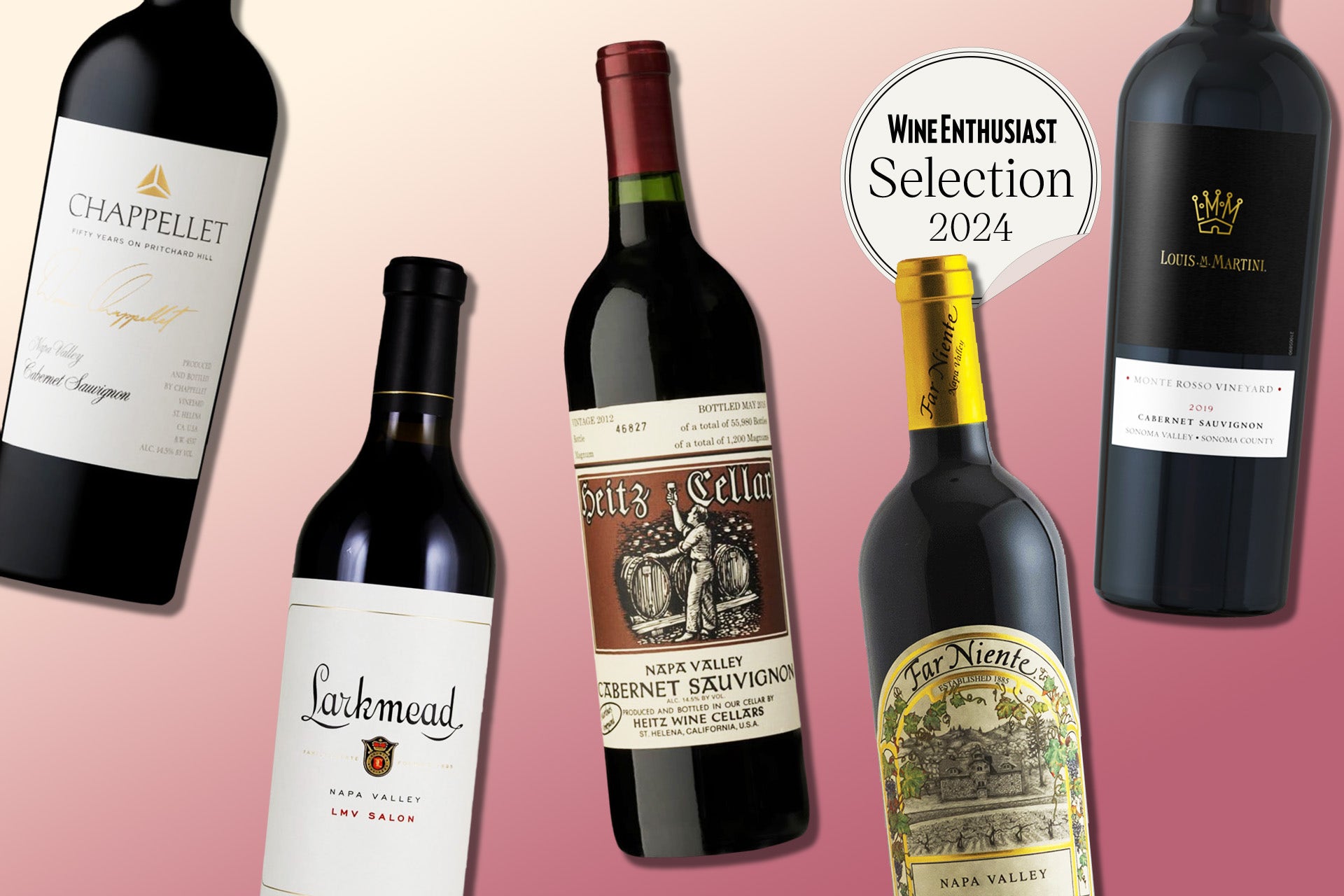 Bottles of Napa Cabernet Sauvignons on a designed background