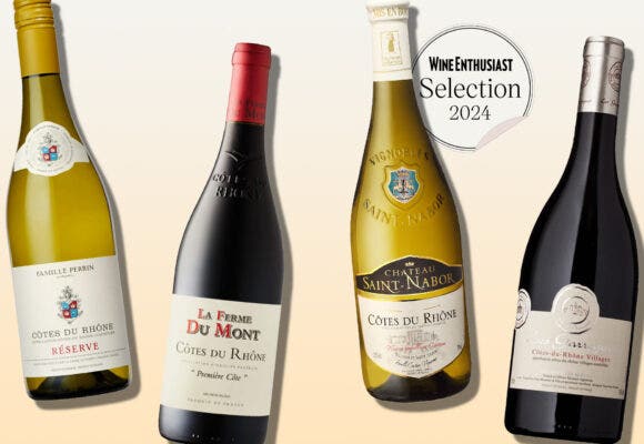 Cotes Du Rhone bottles on a designed backgorund