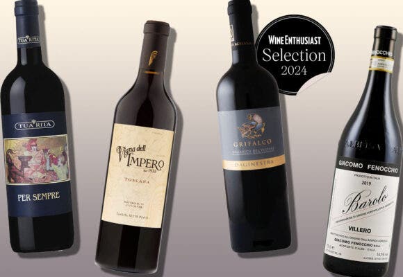 Bottles of Italian Red Wines on a designed background