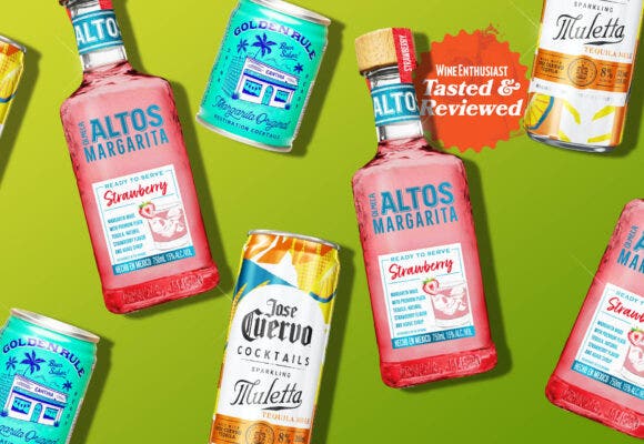 Bottles and cans of margaritas on a designed background