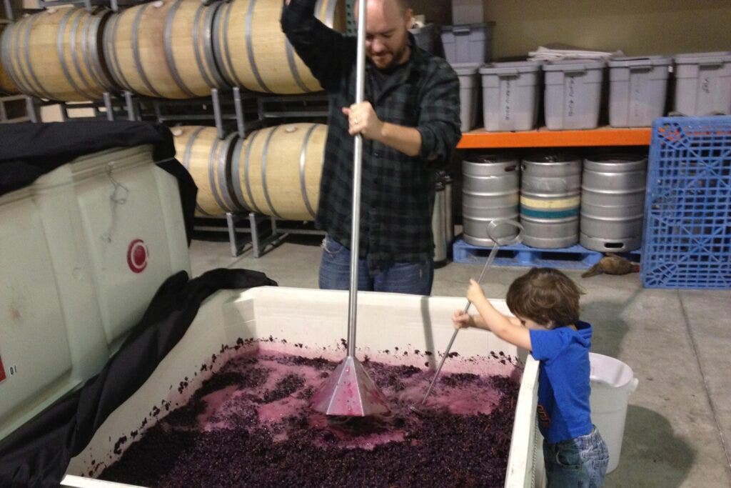 Matt Kettmann and his son Mason work on the 2012 Ampelos Vineyard Syrah.