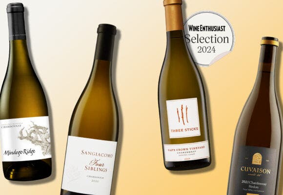 Bottles of California Chardonnays on a designed backgorund