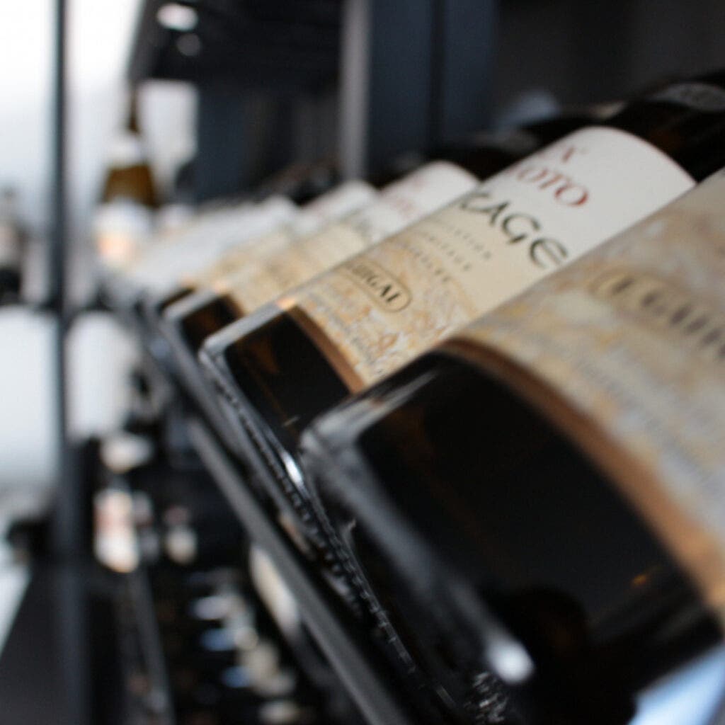 Wine bottles on rack