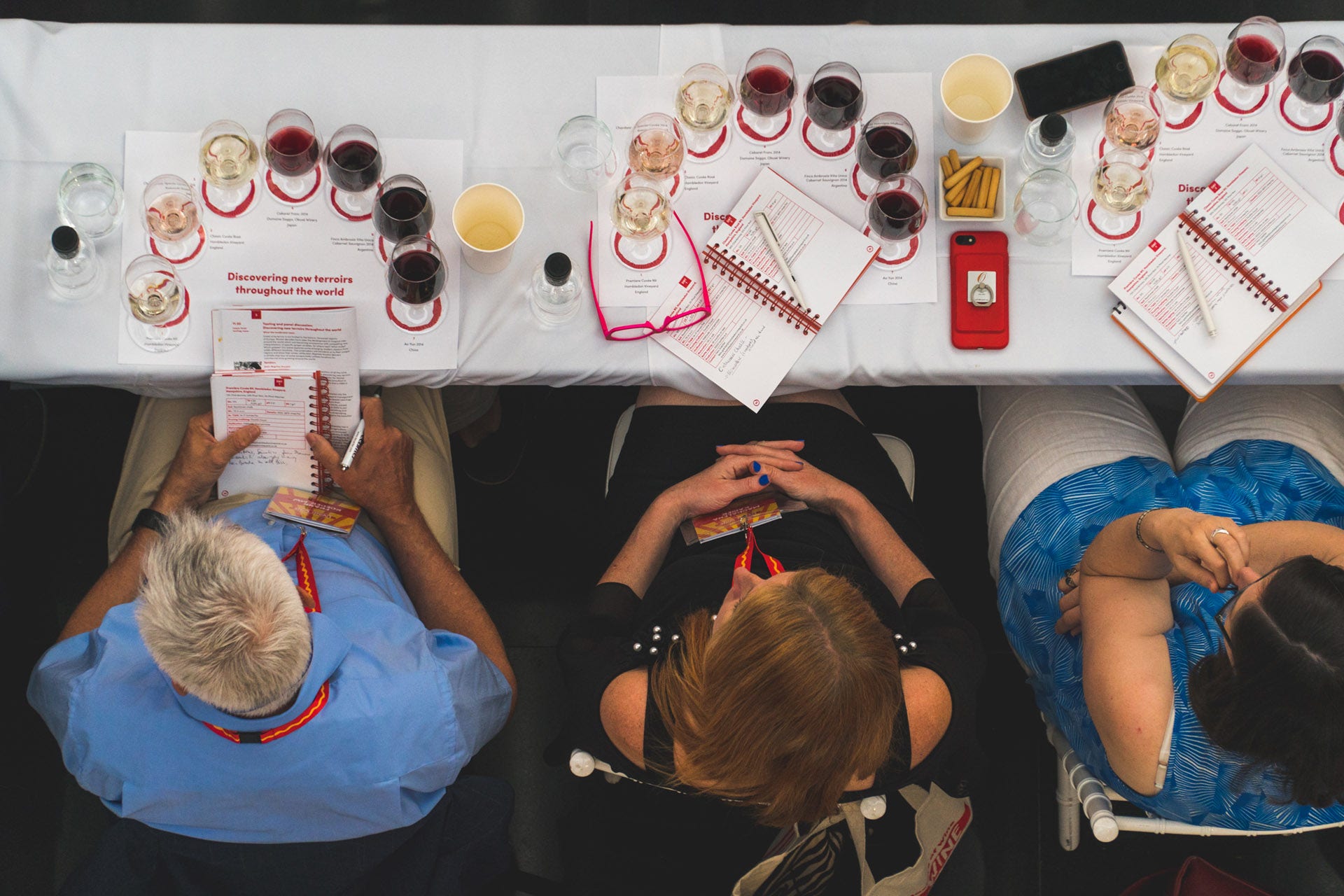 Bird's eye shot of three people with full wine glasses and notebooks on the table