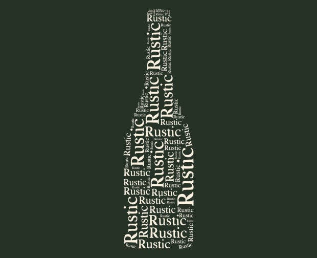 a text treatment of the word rustic in the shape of a wine bottle