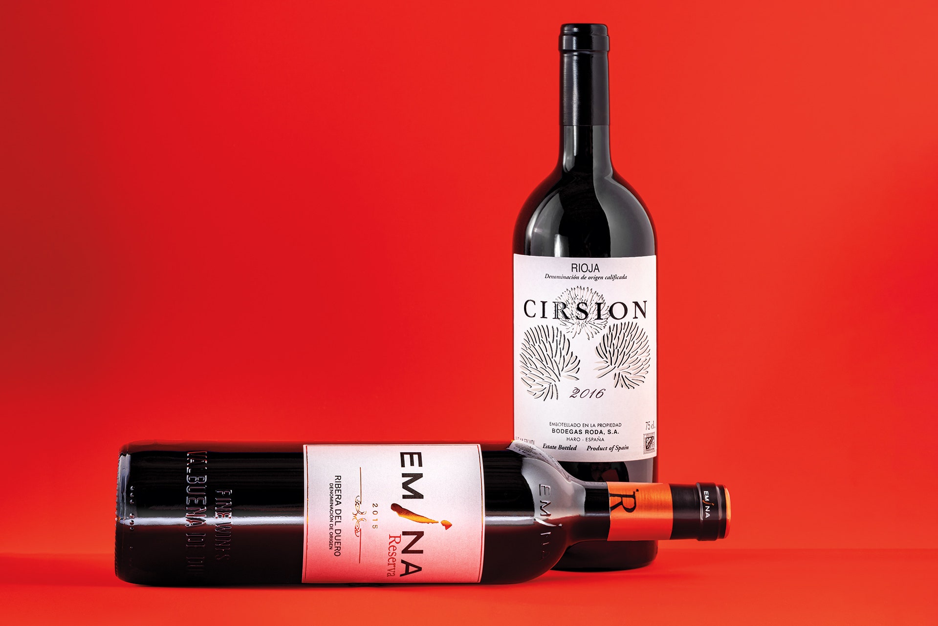 From left to right: Emina 2015 Reserva (Ribera del Duero) and Bodegas Roda 2016 Cirsion (Rioja)