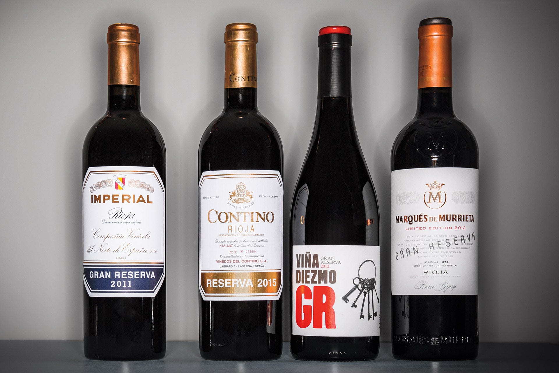 CVNE 2011 Imperial Gran Reserva (Rioja); Contino 2015 Reserva (Rioja); Casa Primicia 2012 Viña Diezmo GR Gran Reserva (Rioja); and Marqués de Murrieta 2012 Finca Ygay Gran Reserva Limited Edition (Rioja)